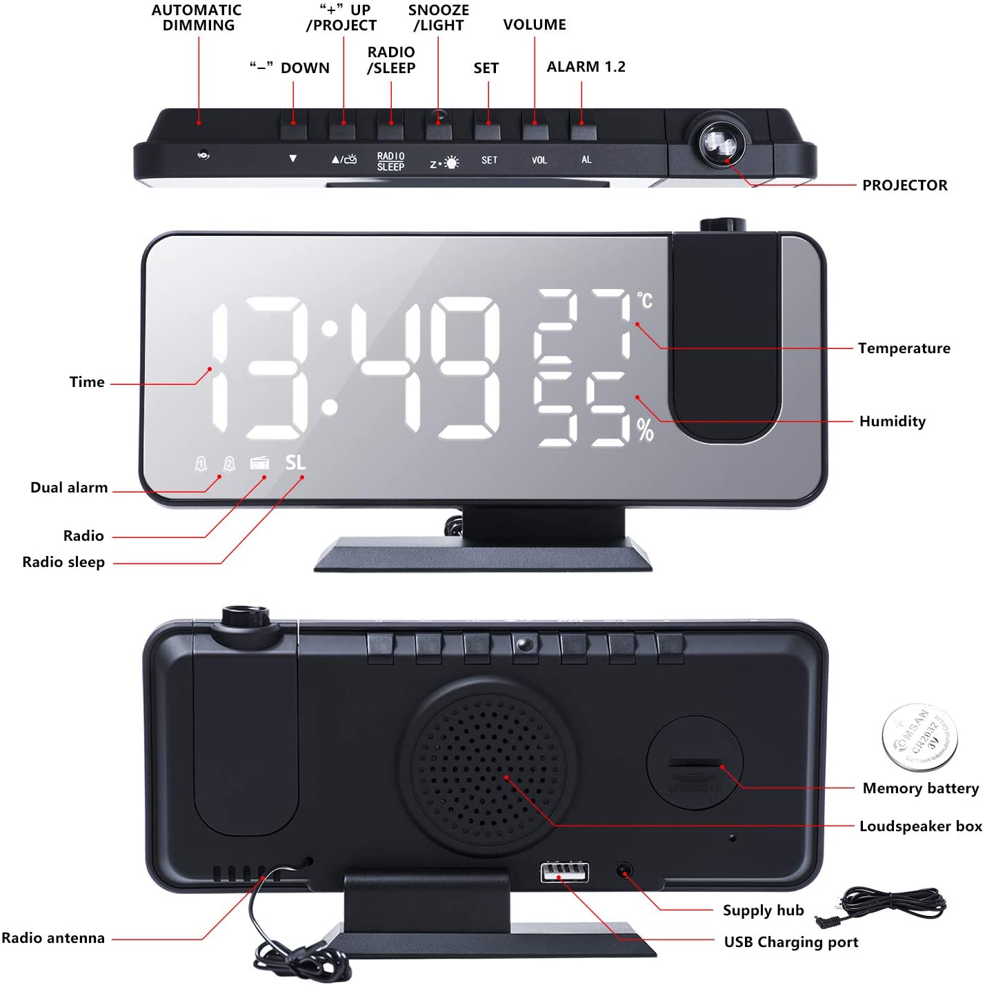 LED Projection Digital Alarm Clock Phone Charger - ShoporaX